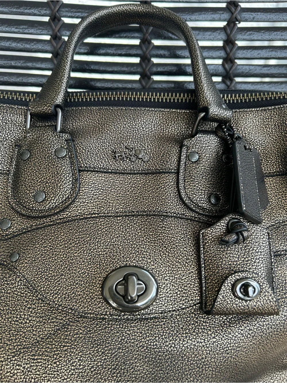 Coach Metallic Pewter Pebbled Leather Satchel with Crossbody Strap